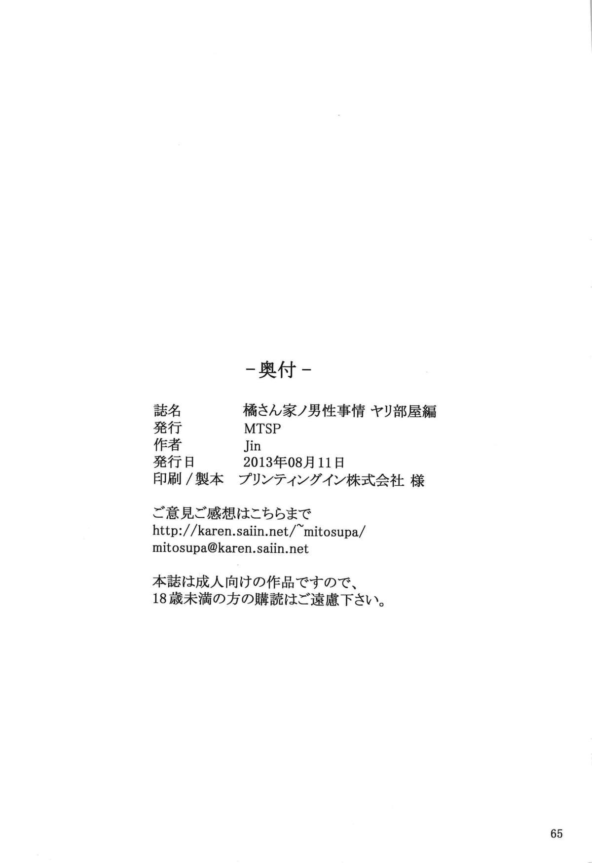 Pussy Sex (C84) [MTSP (Jin)] Tachibana-san-chi no Dansei Jijou Yaribeya-hen [English] [coresplinter] Blackwoman - Page 64